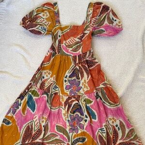 Pink and Orange Square Neck Puff Sleeve Midi Dress